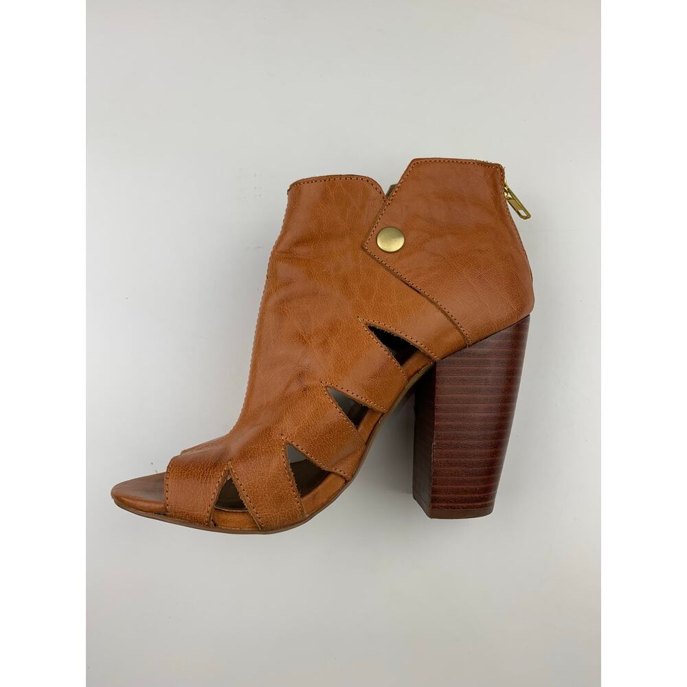 Kelsi Dagger Brooklyn KDB Peep Toe Ankle Boots Tan Leather Heels Women's 6.5 - Picture 6 of 13
